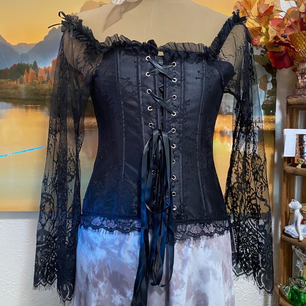 Witchy Corset Top Goth Dark Grunge Victorian Women S Black Lace Mesh Sleeve